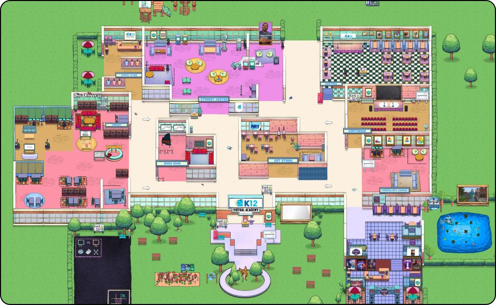 Pixel art map of a vibrant virtual academy campus. Features include classrooms, colorful lounge areas, dining spaces, and outdoor greenery, conveying a lively, welcoming atmosphere.